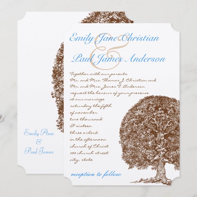 Brown Tree Aqua Blue Font Wedding Invitation (Front/Back)