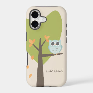 Brown Tree Branch Leaves Custom Name Blue Owl