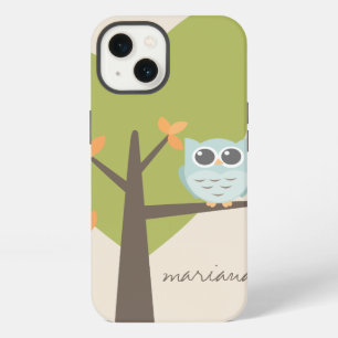 Brown Tree Branch Leaves Custom Name Blue Owl iPhone Case