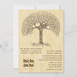 Brown Tree Love Bird Tan Yellow Woodgrain Wedding Invitation