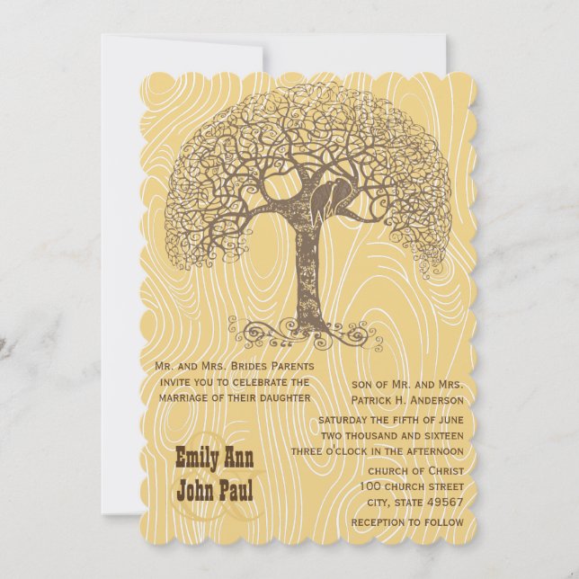 Brown Tree Love Bird Yellow Woodgrain Wedding Invitation (Front)