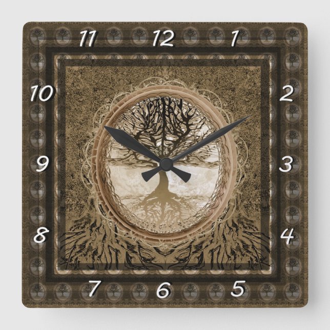 Brown Tree of Life Pattern Square Wall Clock (Front)