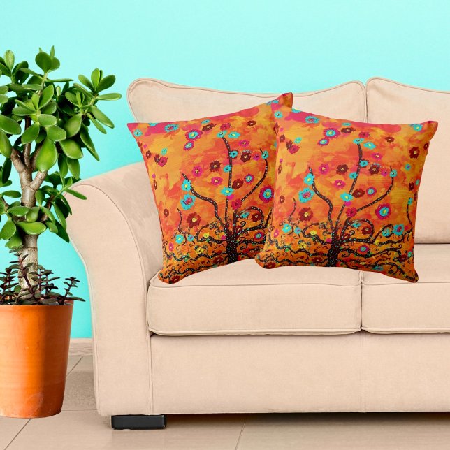 Brown Tree of Life W/ Flowers & Orange Colour Boho Cushion (Creator Uploaded)