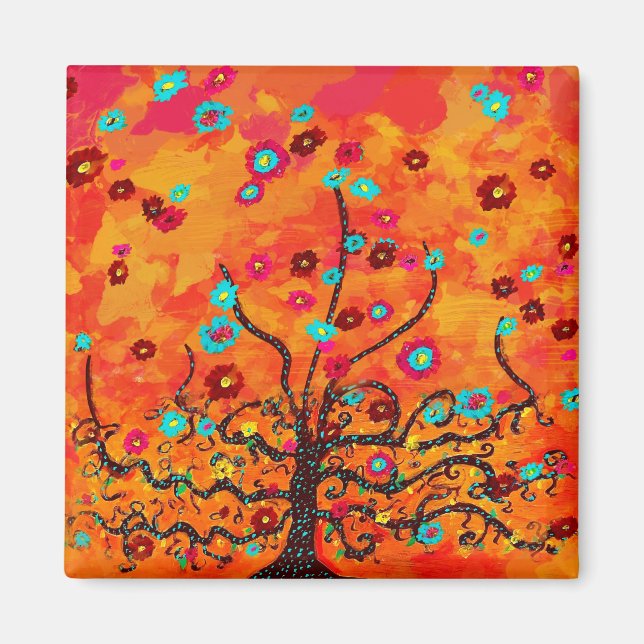 Brown Tree Of Life W/ Flowers & Orange Colour Boho Magnet (Front)