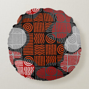 Brown tribal geometric background in block patchwo round cushion