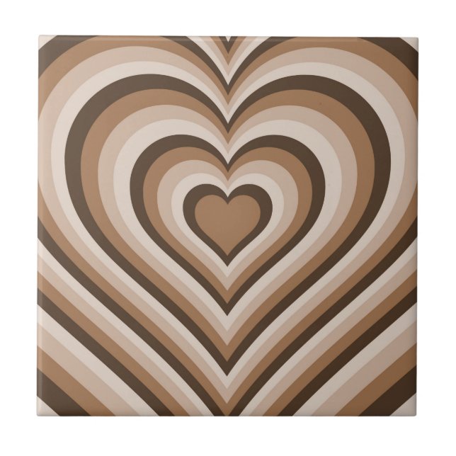 Brown Trippy Hypnotic Heart Love Pattern Ceramic Tile (Front)