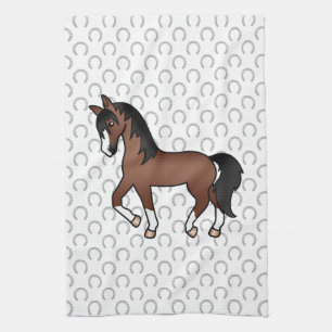 Brown Trotting Horse Cute Cartoon Illustration Tea Towel