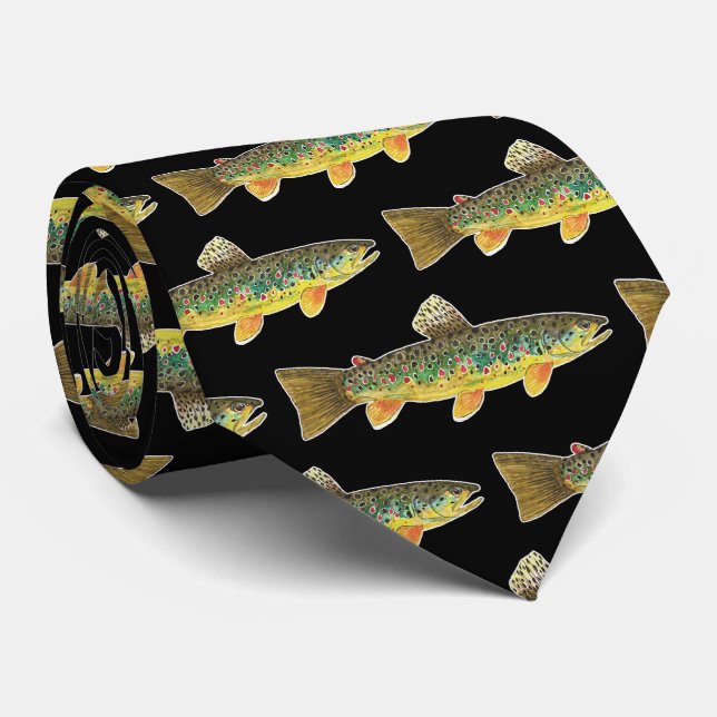 Brown Trout Fly Fishing Angler Fisherman's Black Tie (Rolled)