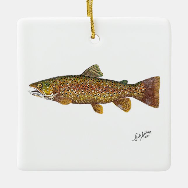Brown Trout swimming Ceramic Ornament (Front)