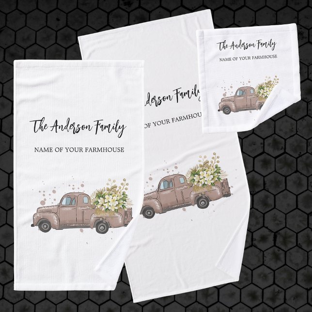 Brown truck flowers farmhouse family name bath towel set (Creator Uploaded)