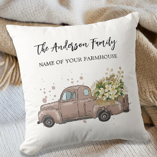 Brown truck flowers farmhouse family name cushion