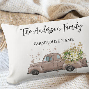 Brown truck flowers farmhouse family name lumbar cushion