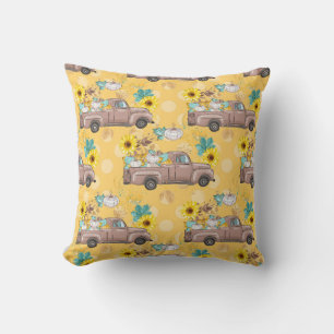 Brown truck with pumpkins sunflowers Throw Pillow
