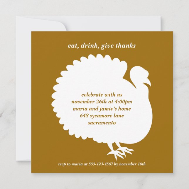 Brown turkey square Thanksgiving invitation card (Front)
