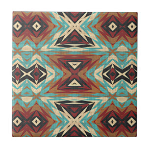 Brown Turquoise Blue Green Orange Ethnic Tribe Art Ceramic Tile