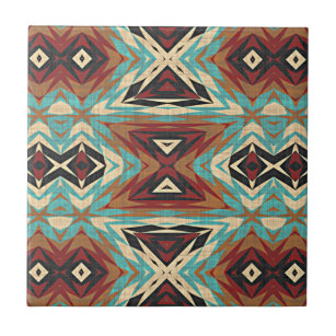Brown Turquoise Blue Green Orange Ethnic Tribe Art Ceramic Tile