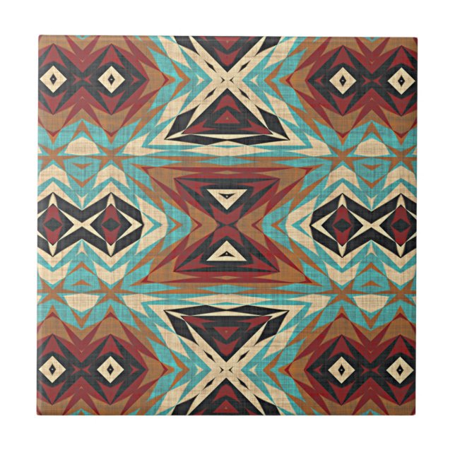 Brown Turquoise Blue Green Orange Ethnic Tribe Art Ceramic Tile (Front)