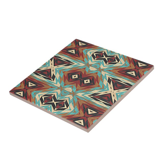 Brown Turquoise Blue Green Orange Ethnic Tribe Art Ceramic Tile (Side)