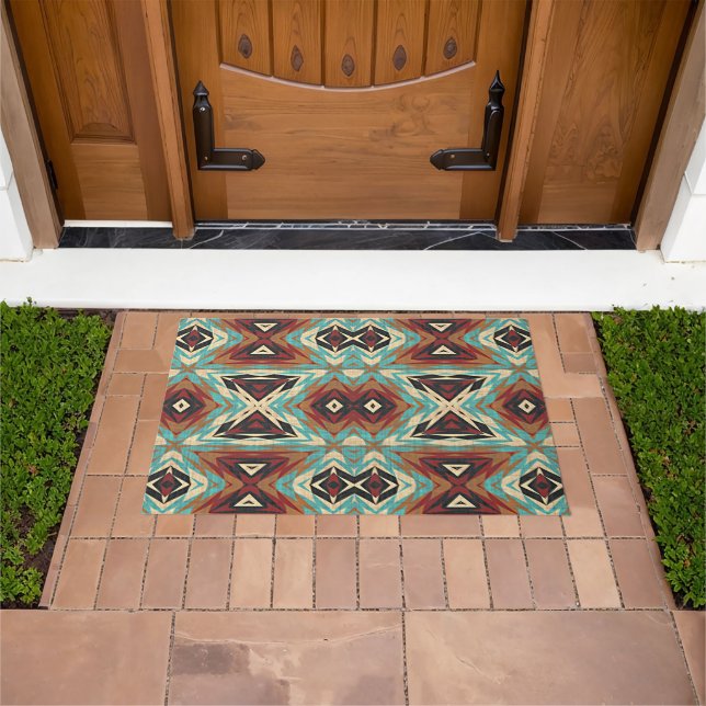 Brown Turquoise Blue Green Orange Tribal Art Doormat (Outdoor)