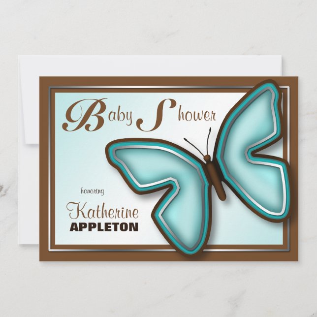 Brown Turquoise Butterfly Baby Shower Invitations (Front)