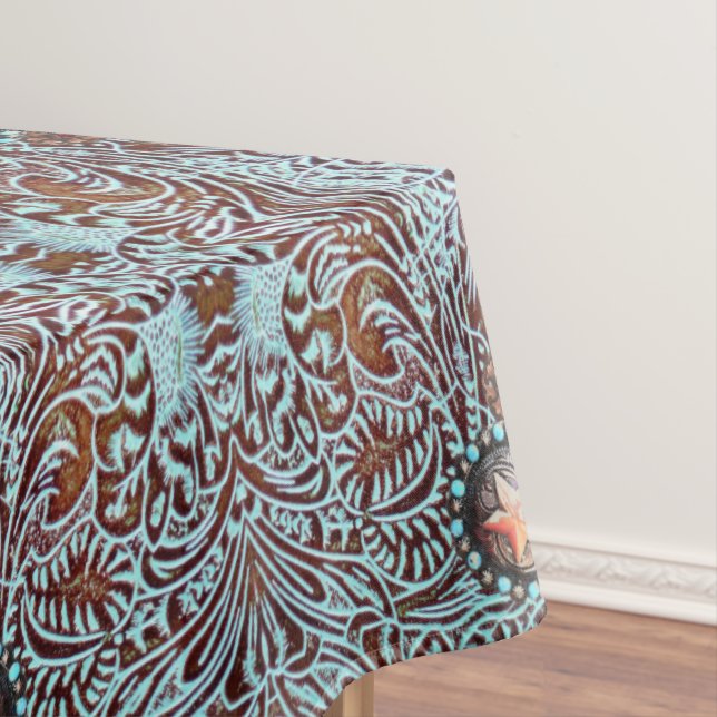 brown turquoise cowboy western country pattern  tablecloth (In Situ)