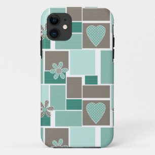 Brown turquoise patchwork of square patches  iPhone 11 case