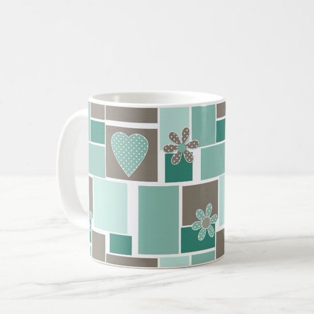 Brown turquoise patchwork of square patches  coffee mug (Front Left)