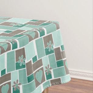 Brown turquoise patchwork of square patches tablecloth