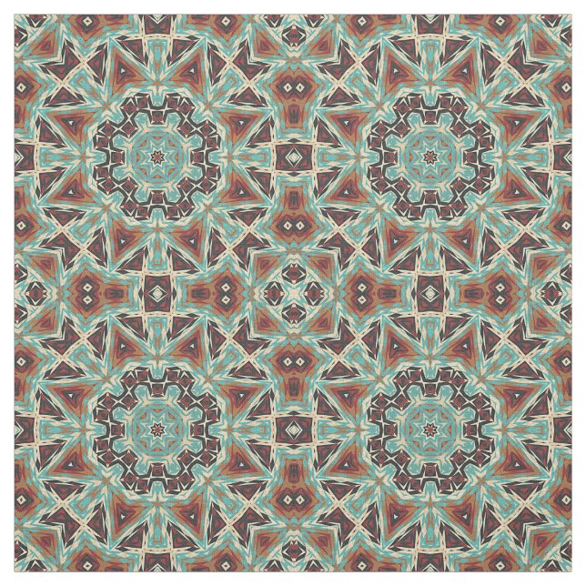 Brown Turquoise Red Orange Aztec Mosaic Pattern Fabric (Swatch)