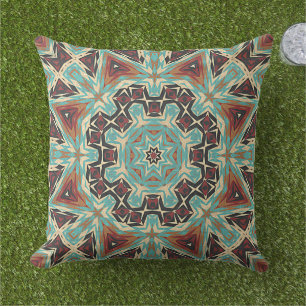 Brown Turquoise Red Orange Mandala Tribal Art Cushion