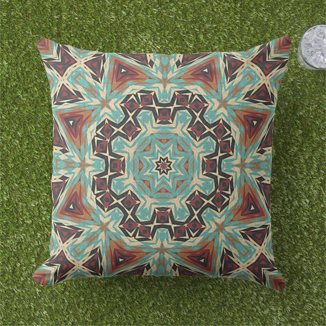 Brown Turquoise Red Orange Mandala Tribal Art Cushion (Grass)