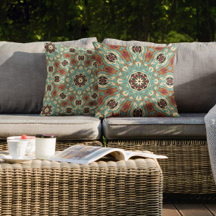 Brown Turquoise Red Orange Mandala Tribal Art Cushion