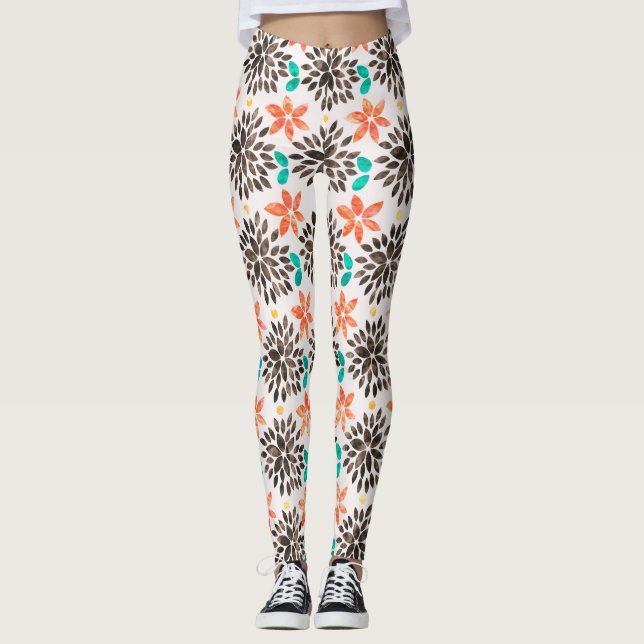 Brown & Turquoise Watercolor Flower Pattern Leggings (Front)