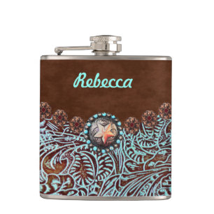 brown turquoise western country cowgirl bridesmaid hip flask