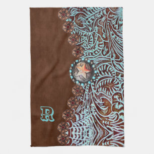 brown turquoise western country pattern monogram tea towel