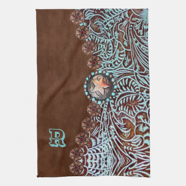 brown turquoise western country pattern monogram tea towel (Vertical)