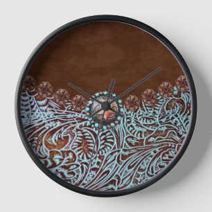 brown turquoise western country tooled leather clock
