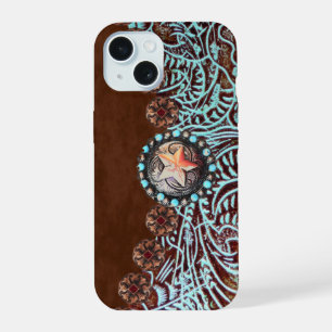 brown turquoise western country tooled leather iPhone 15 case