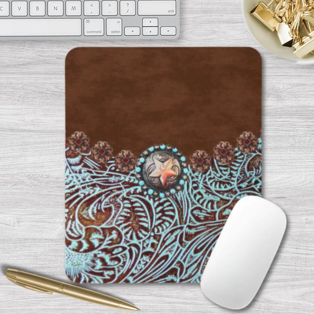 brown turquoise western country tooled leather mouse pad (brown turquoise western country tooled leather mouse pad)
