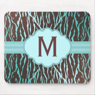 Brown & Turquoise Zebra Stripes Monogram Mousepad