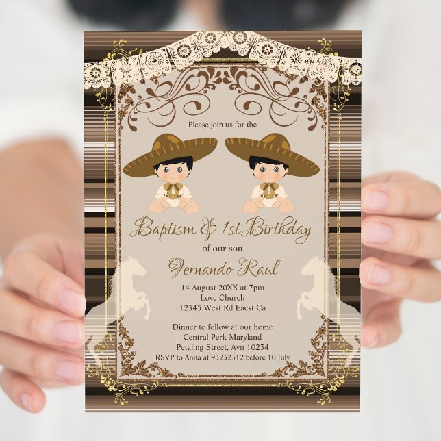 Brown Twins Fiesta Baptism and First Birthday Boy Invitation (Creator Uploaded)