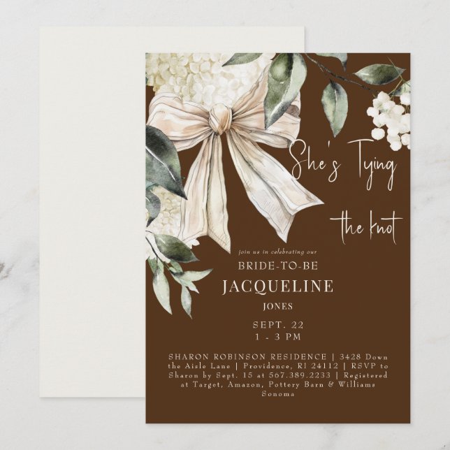 Brown Tying the Knot Bow Hydrangea Wedding Shower Invitation (Front/Back)