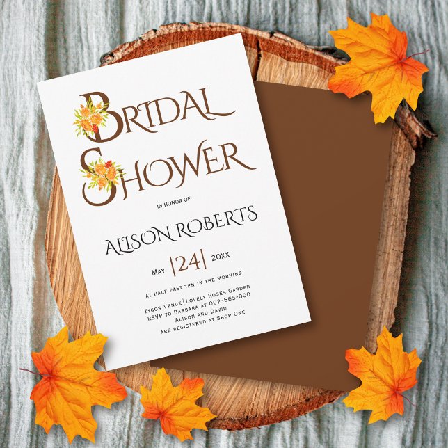 Brown typography, orange roses fall bridal shower invitation (Creator Uploaded)