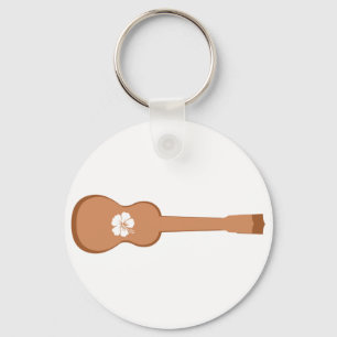 Brown Ukulele and white hibiscus Key Ring