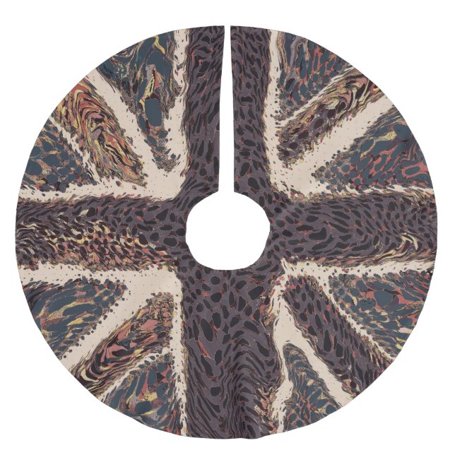 Brown Union Jack Liquid Art, Wild Animal Patterned Brushed Polyester Tree Skirt (Front)