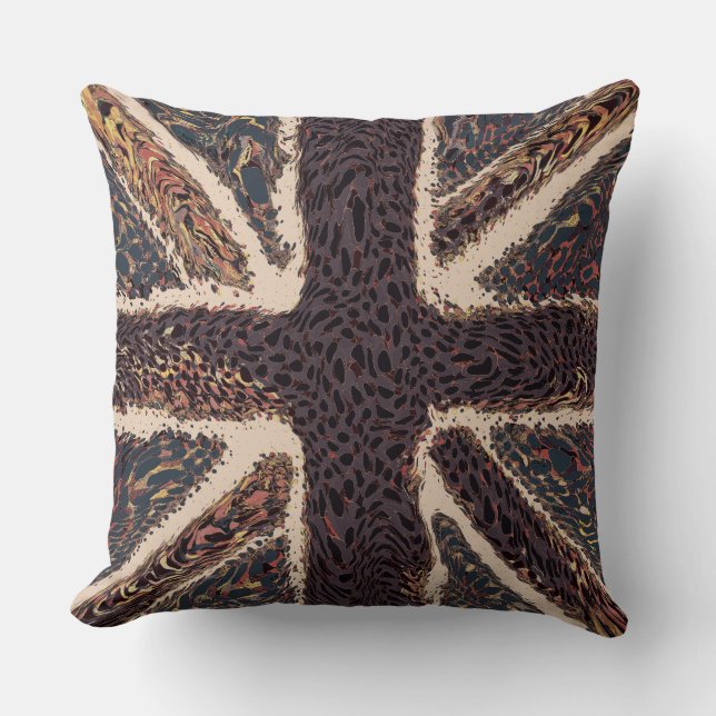 Brown Union Jack Liquid Art, Wild Animal Patterned Cushion (Front)