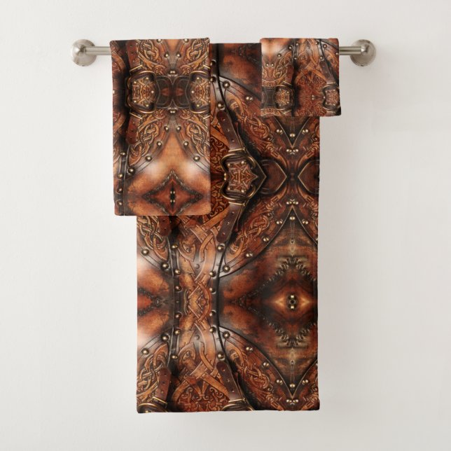Brown Viking Armor Leather print Bath Towel Set (Insitu)