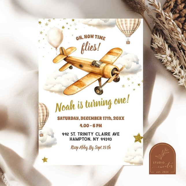 Brown Vintage Aeroplane Time Flies First Birthday Invitation (Creator Uploaded)