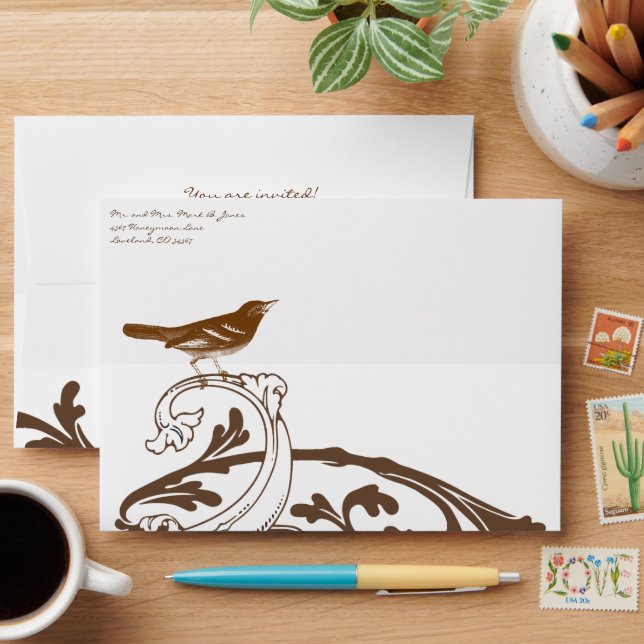 Brown Vintage Bird Wedding Envelopes (Desk)