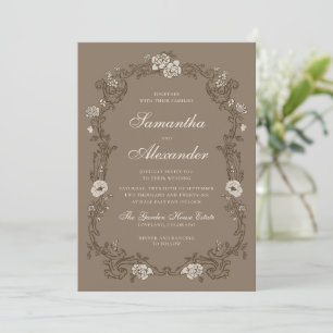 Brown Vintage Floral Wreath Wedding Invitation